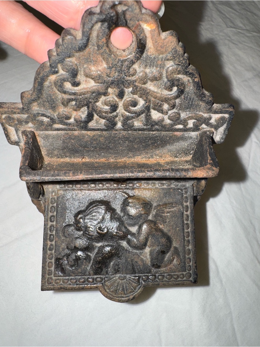 Authentic Antique Victorian Cast Iron Wall Match Safe, LB-13 Venus & Cupid